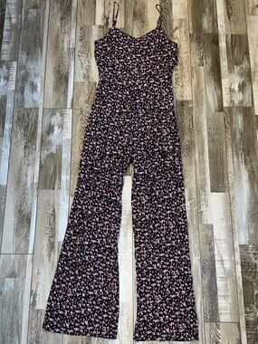 Floral Pattern Black & Pink Pants Romper Spaghetti Straps Adjustable